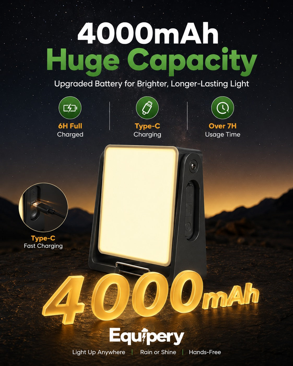 Rechargeable LED  Camping Light – 2-in-1 Dimmable Flashlight, 360° Rotating Stand