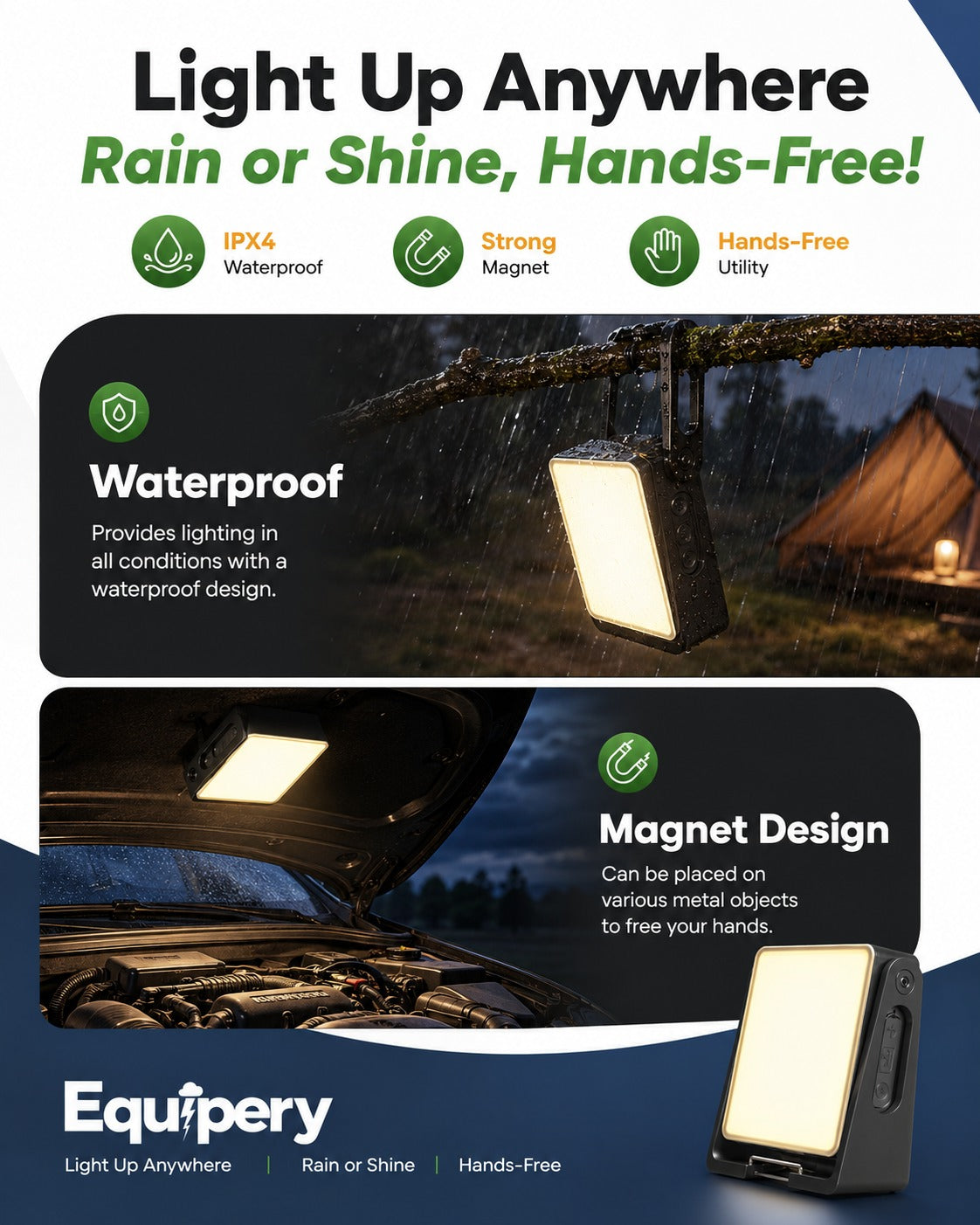 Rechargeable LED  Camping Light – 2-in-1 Dimmable Flashlight, 360° Rotating Stand
