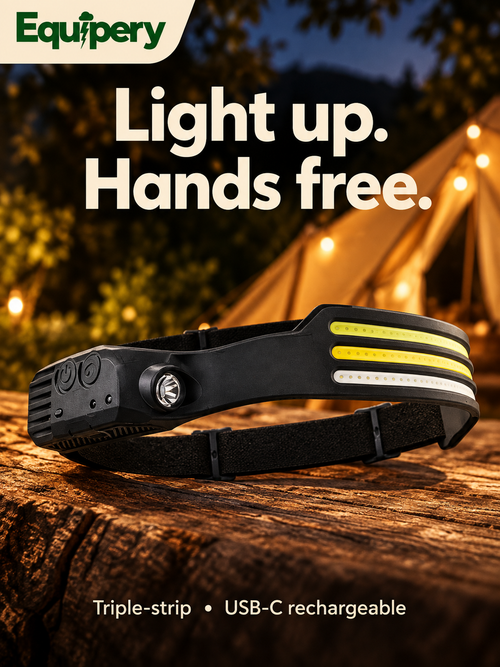 Equipery triple-strip rechargeable headlamp with three LED strips