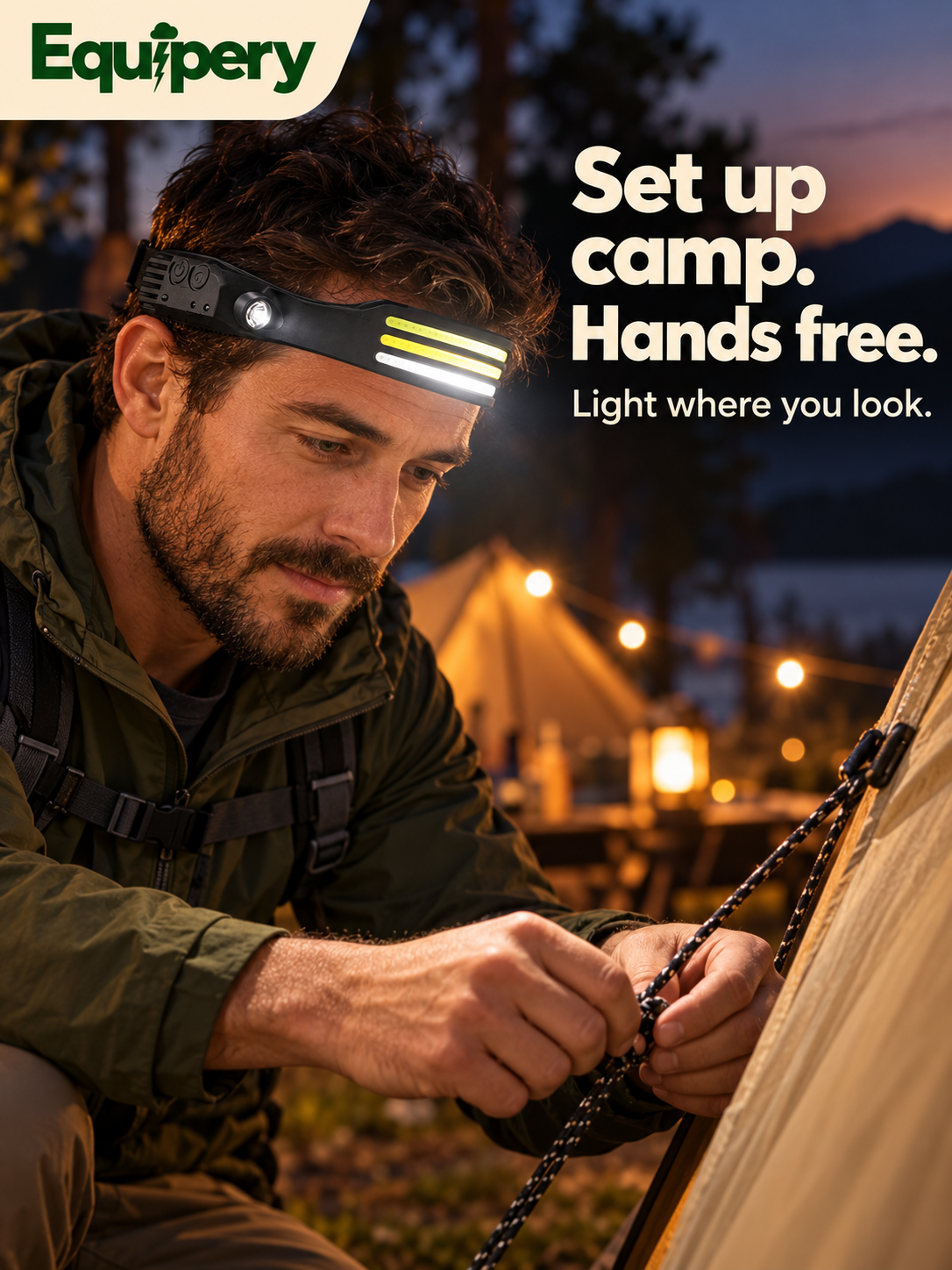 Hands-free headlamp for setting up camp