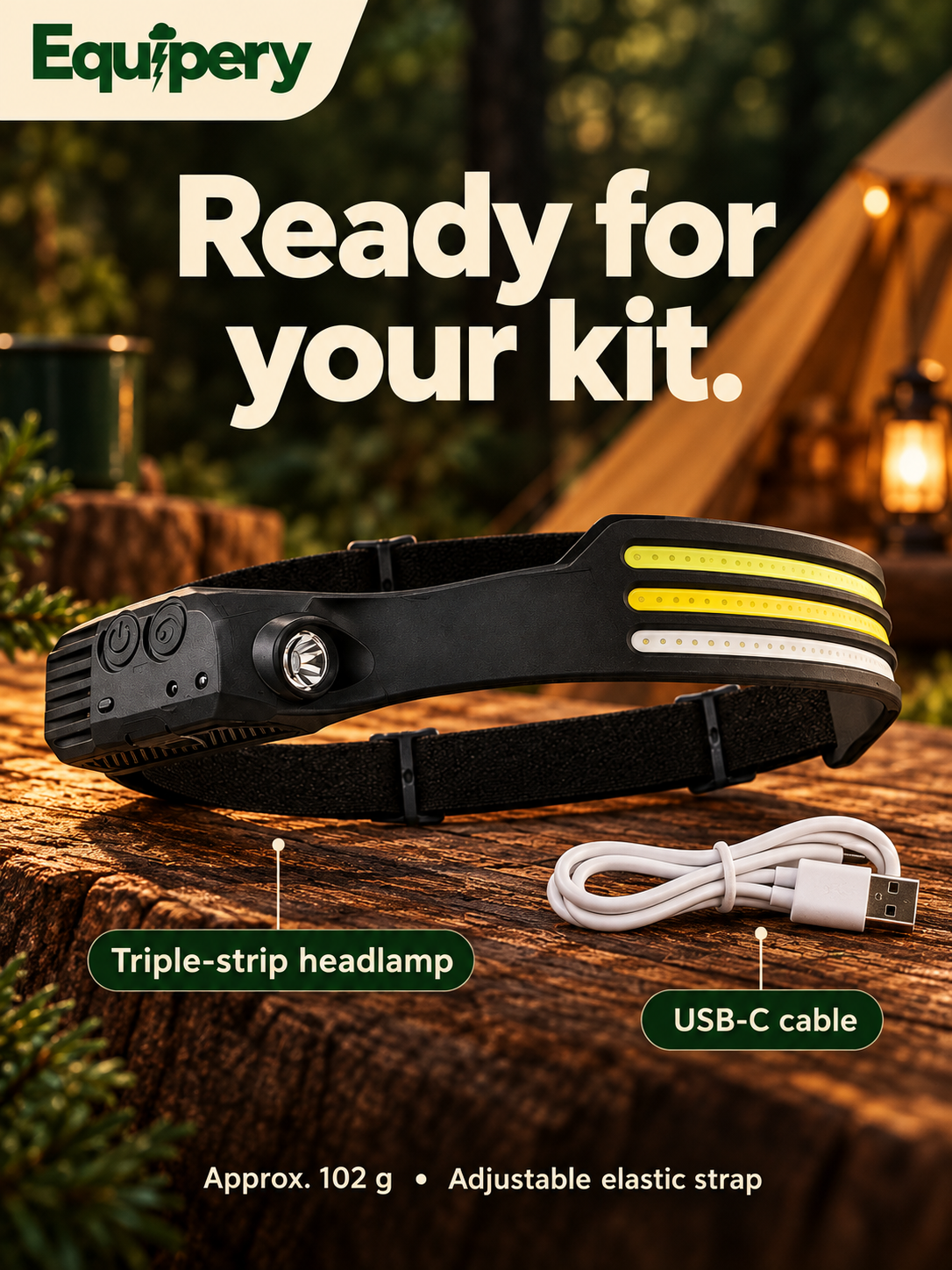 Triple-strip headlamp and included USB-C cable