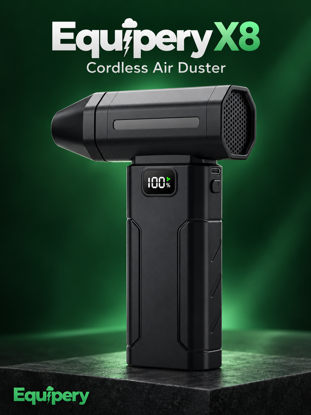Black Equipery X8 cordless air duster with a single blowing nozzle and honeycomb rear air intake on green background