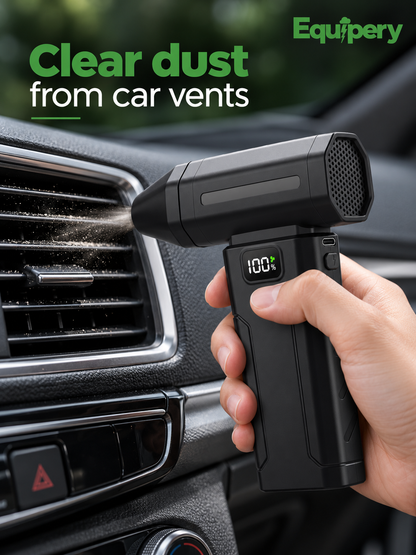 Black Equipery X8 cordless air duster, single front outlet and honeycomb rear intake