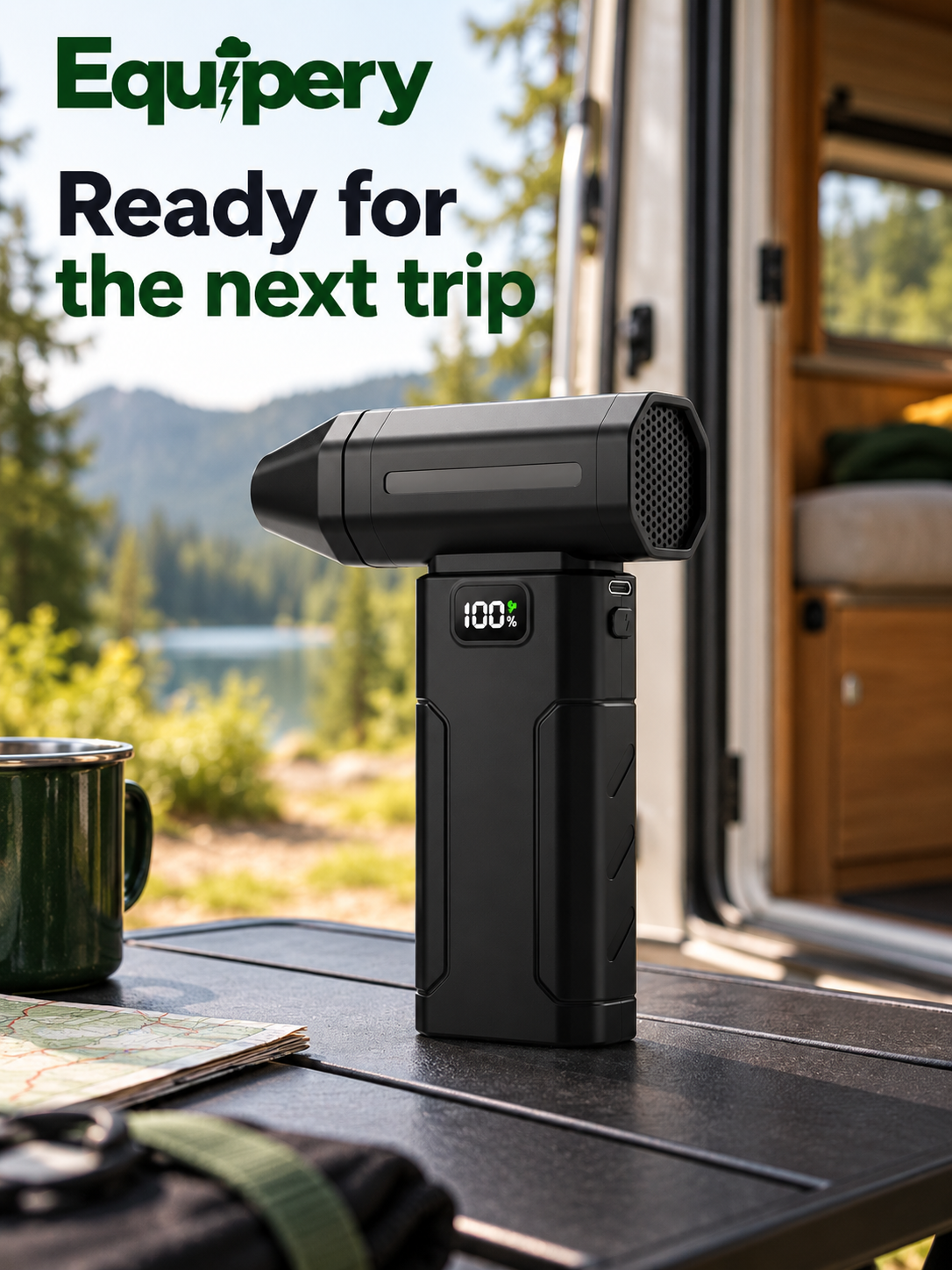 Black Equipery X8 cordless air duster, single front outlet and honeycomb rear intake
