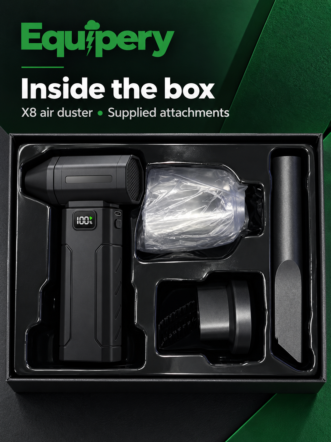 Black X8 air duster and supplied attachments in the reference box layout